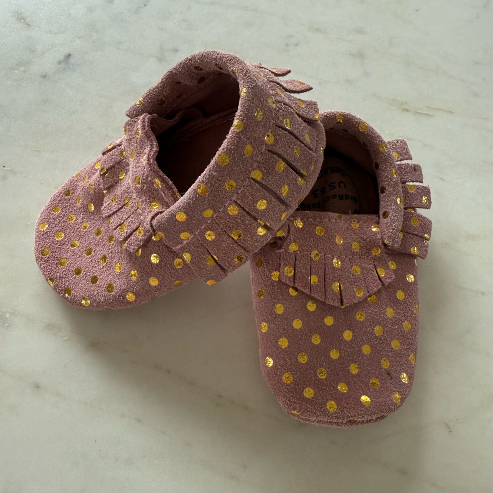 Bird Rock Charming Pink and Gold Polka Dot Kids Moccasins